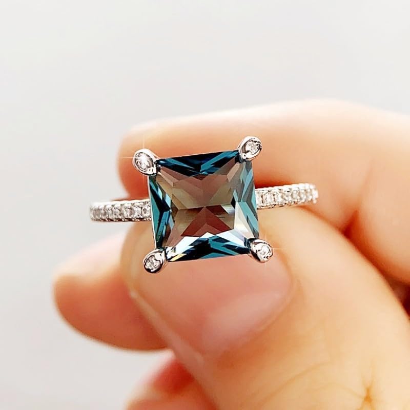 Htayekog Blue quadriprong Square Zircon Ring Promise Rings for her, Diamond Ring Eternity Rings Cocktail Ring 18K Gold Plated for Women Square cz Engagement Ring Promise Engagement Band Size 6-10（6） - Image 2